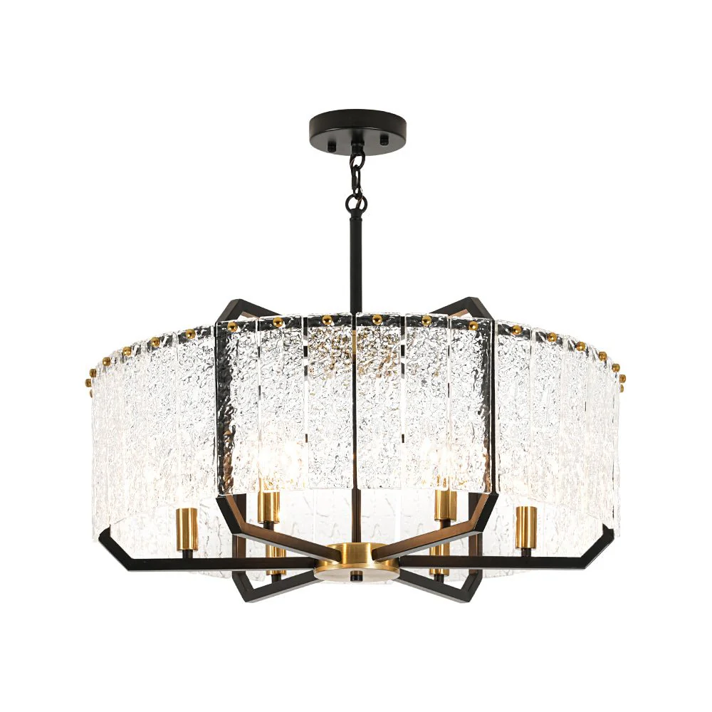 Black Brass 6-Light Rippled Glass Drum Cage Chandelier - Image 12