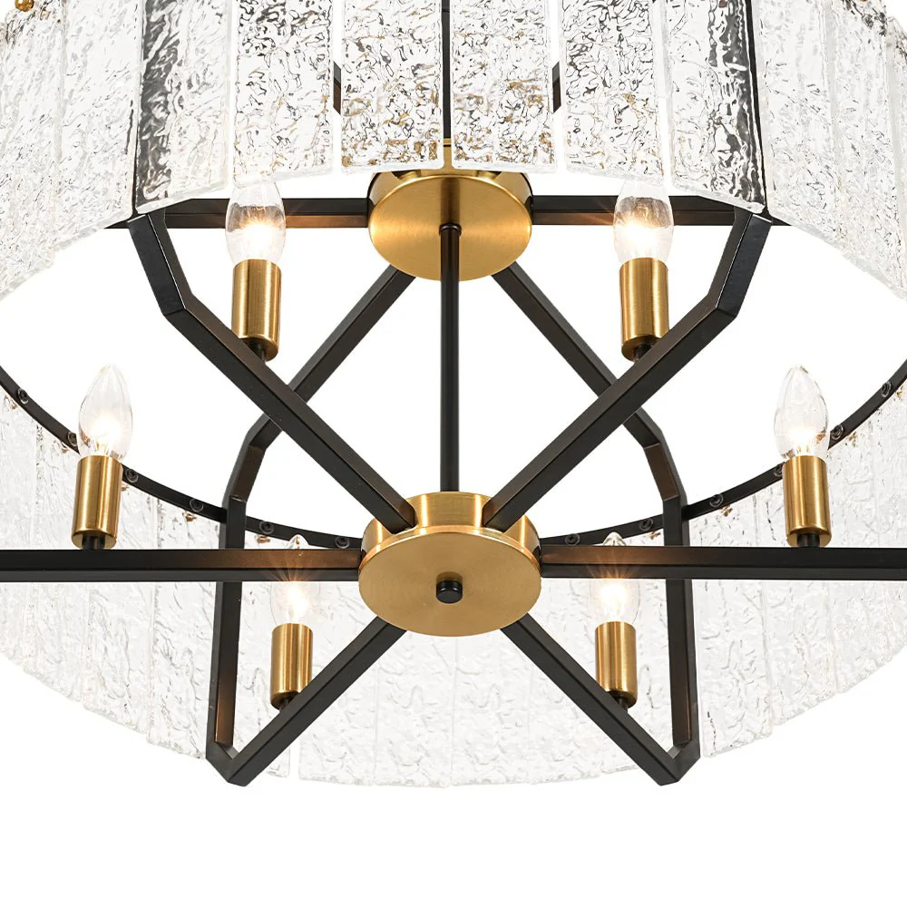 Black Brass 6-Light Rippled Glass Drum Cage Chandelier - Image 16