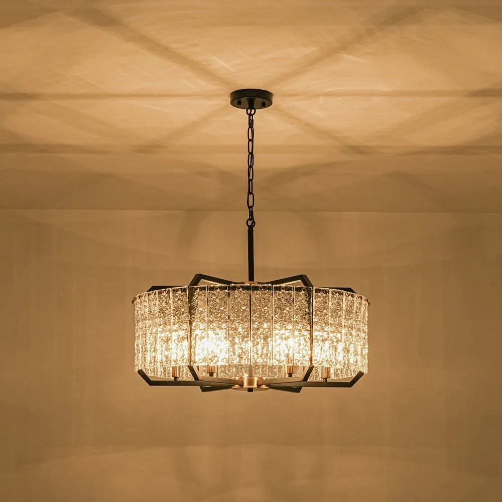 Black Brass 6-Light Rippled Glass Drum Cage Chandelier - Image 4