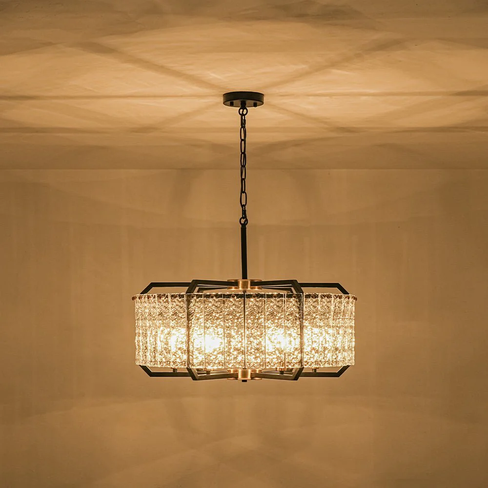 Black Brass 6-Light Rippled Glass Drum Cage Chandelier - Image 5