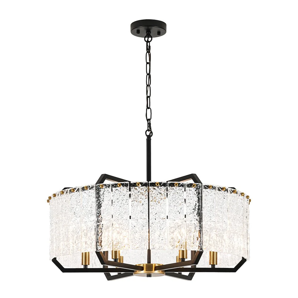 Black Brass 6-Light Rippled Glass Drum Cage Chandelier - Image 6