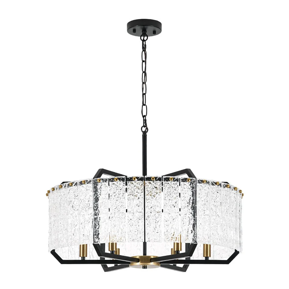 Black Brass 6-Light Rippled Glass Drum Cage Chandelier - Image 7