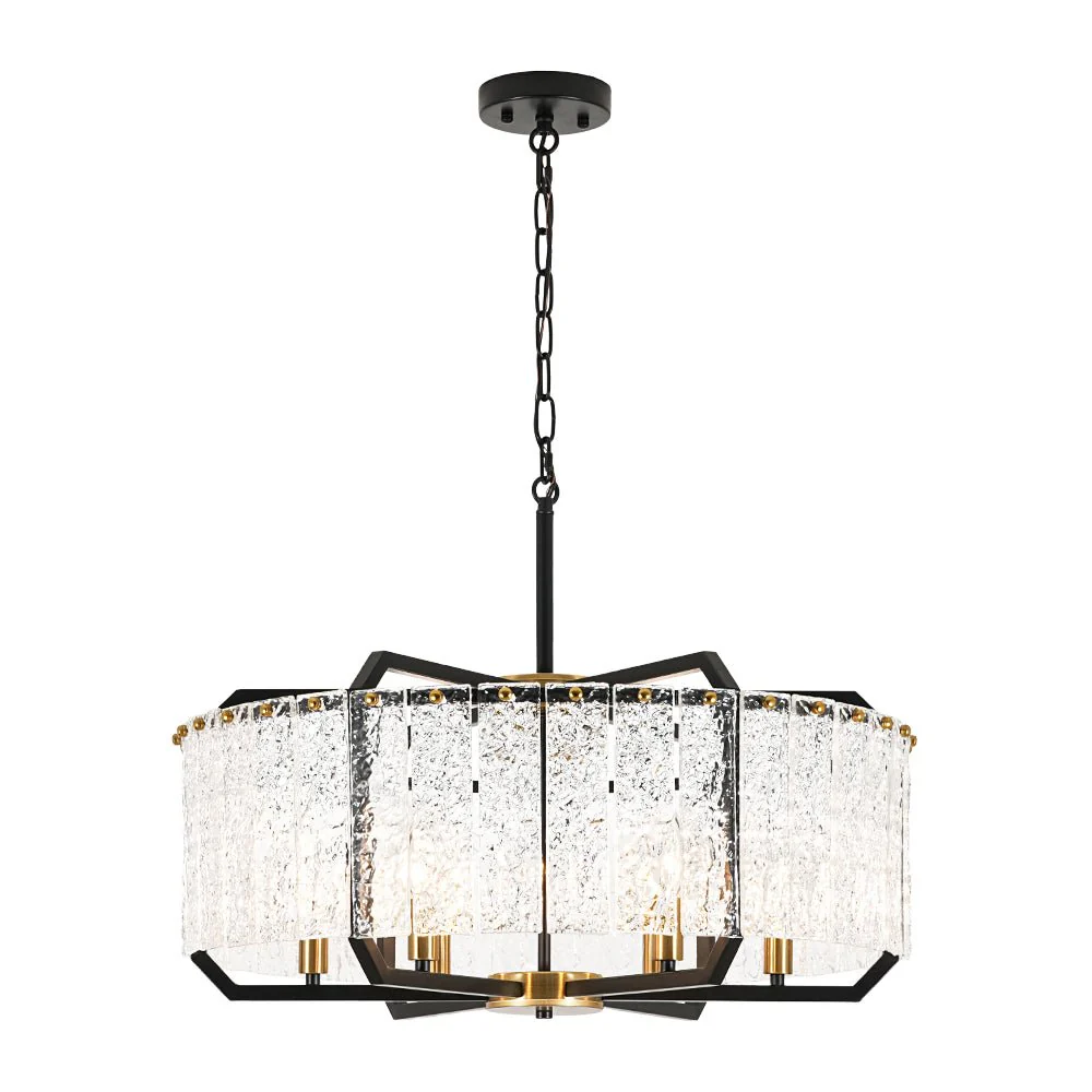 Black Brass 6-Light Rippled Glass Drum Cage Chandelier - Image 8