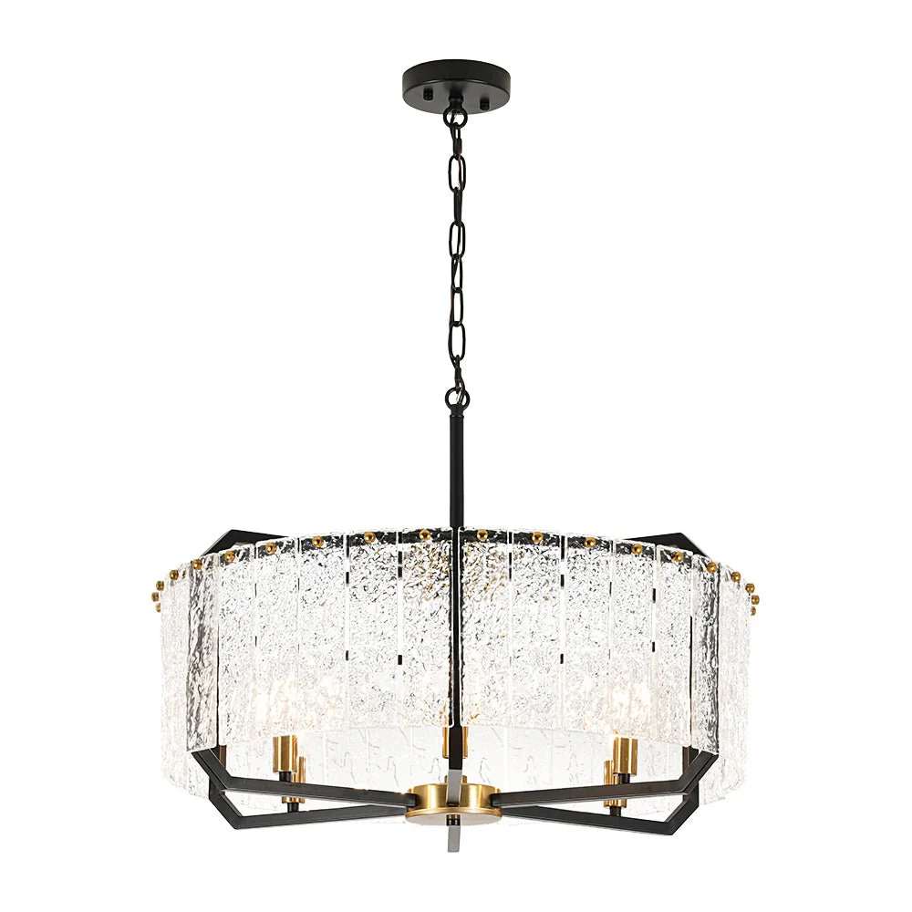 Black Brass 6-Light Rippled Glass Drum Cage Chandelier - Image 9