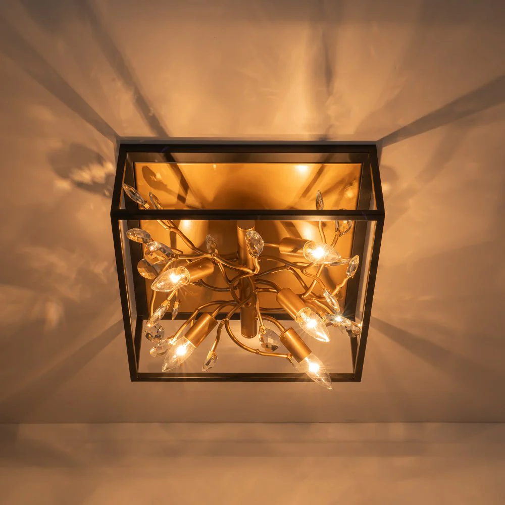 Black Brass Crystal Branch Square Lantern Flush Mount Light - Image 3