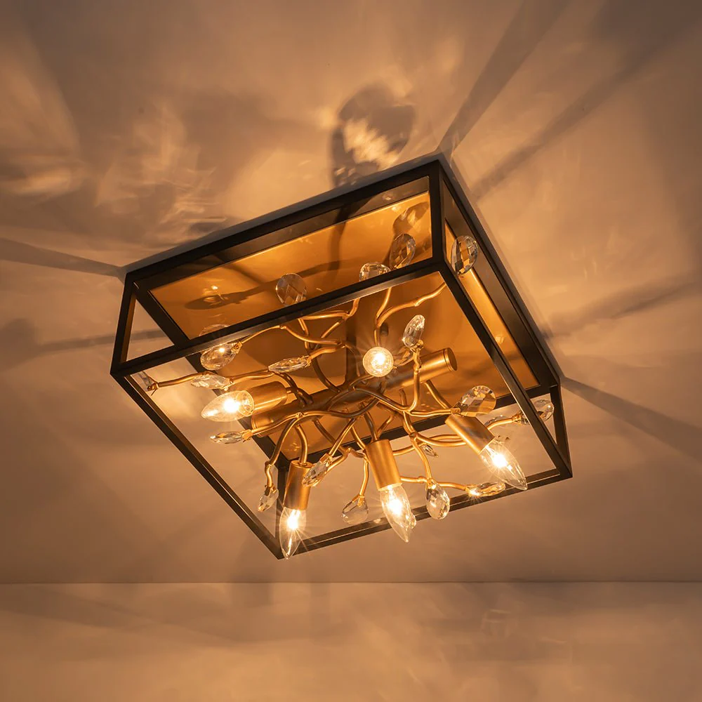 Black Brass Crystal Branch Square Lantern Flush Mount Light - Image 4