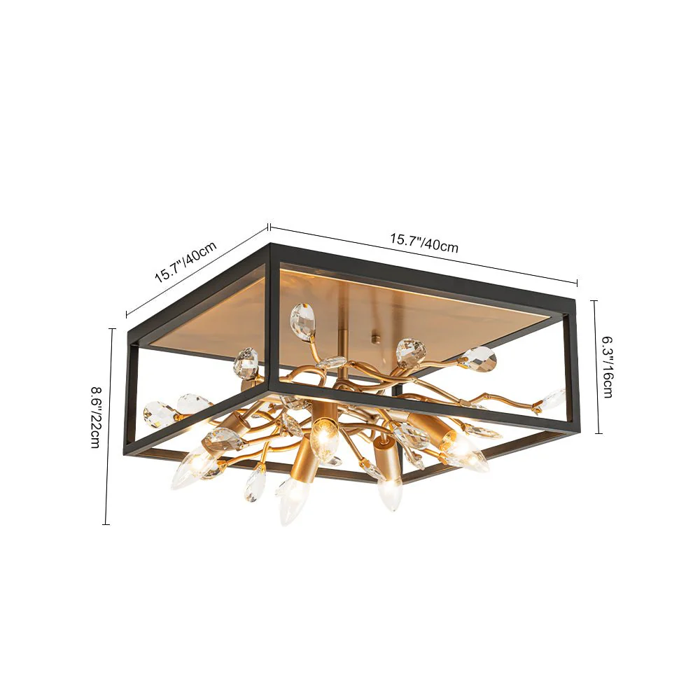 Black Brass Crystal Branch Square Lantern Flush Mount Light - Image 5