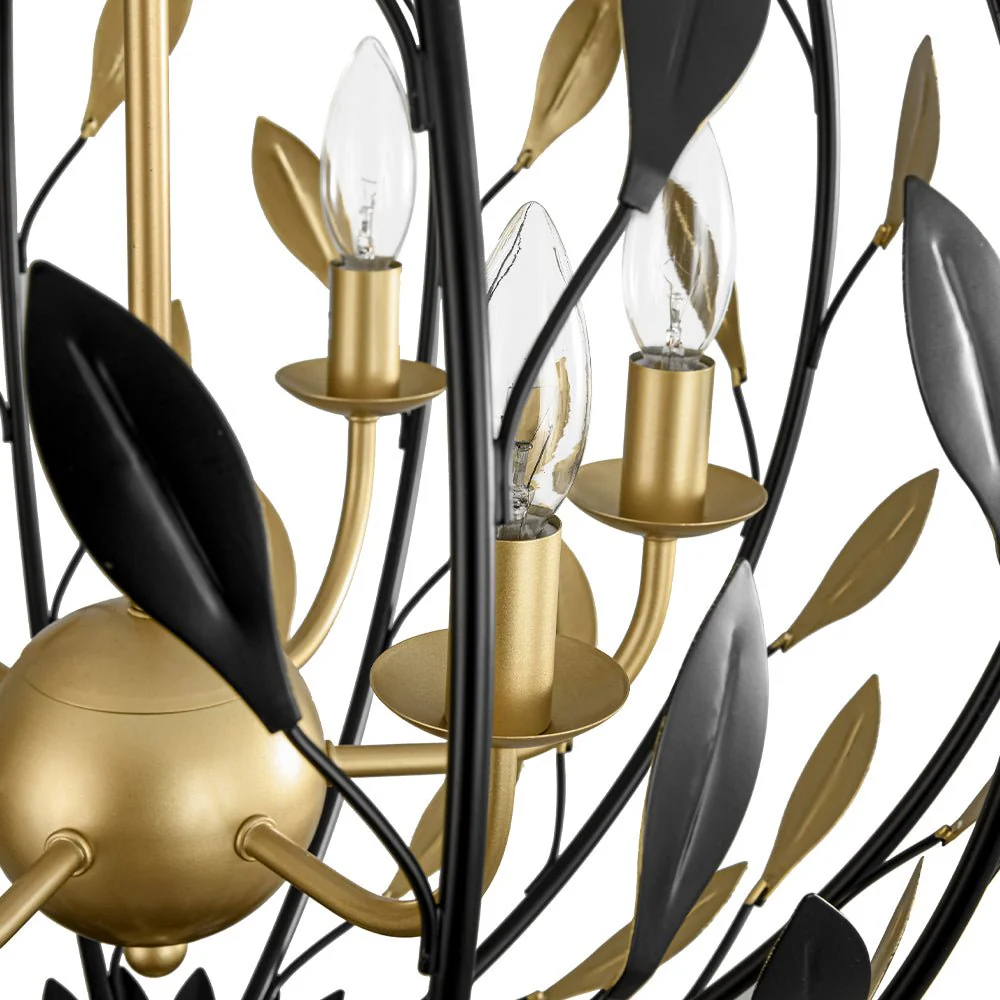 Black Gold Candle Style Leaf Vine Iron Orb Chandelier - Image 11