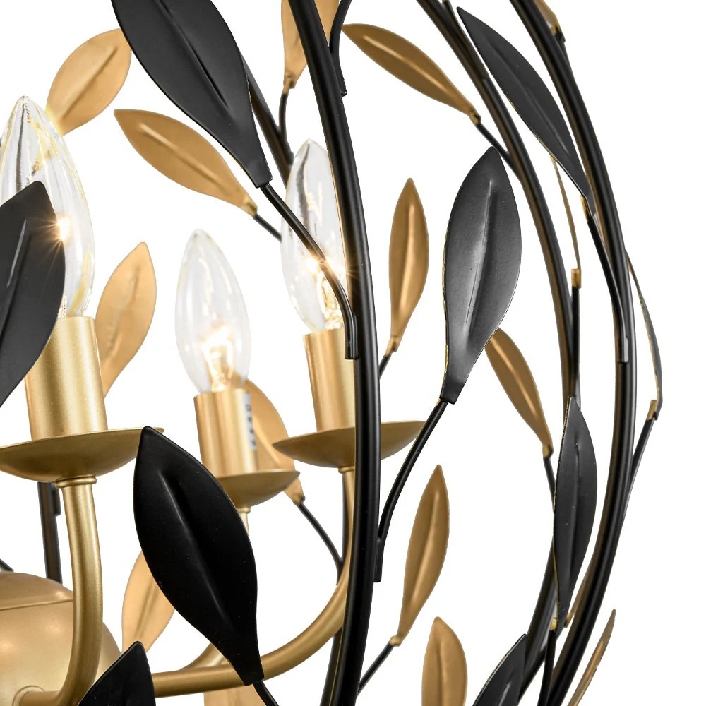 Black Gold Candle Style Leaf Vine Iron Orb Chandelier - Image 12
