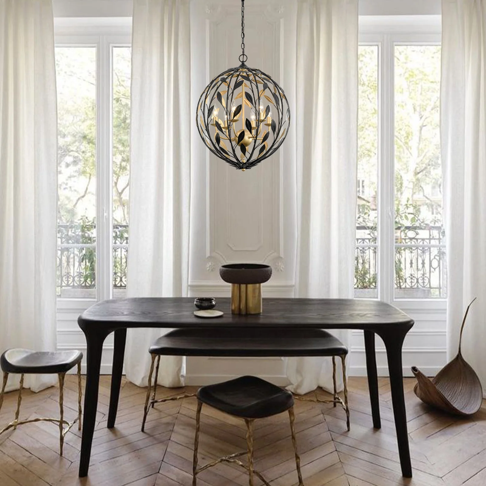 Black Gold Candle Style Leaf Vine Iron Orb Chandelier - Image 2