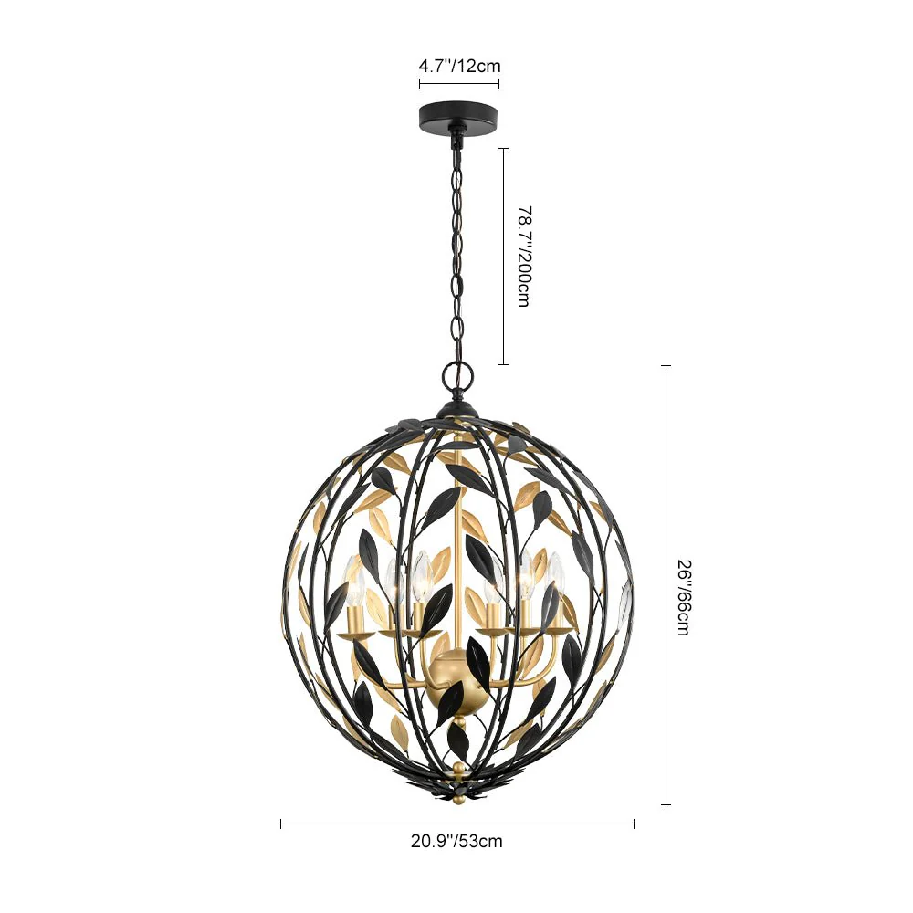 Black Gold Candle Style Leaf Vine Iron Orb Chandelier - Image 3