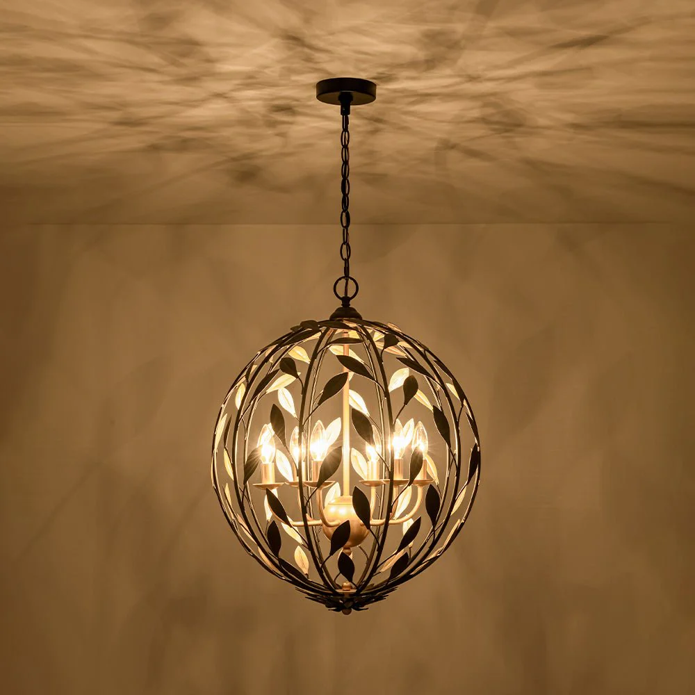 Black Gold Candle Style Leaf Vine Iron Orb Chandelier - Image 4