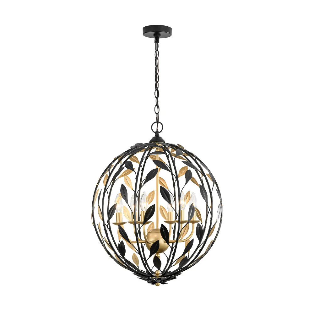 Black Gold Candle Style Leaf Vine Iron Orb Chandelier - Image 6
