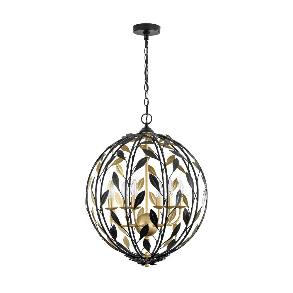 Black Gold Candle Style Leaf Vine Iron Orb Chandelier - Image 7