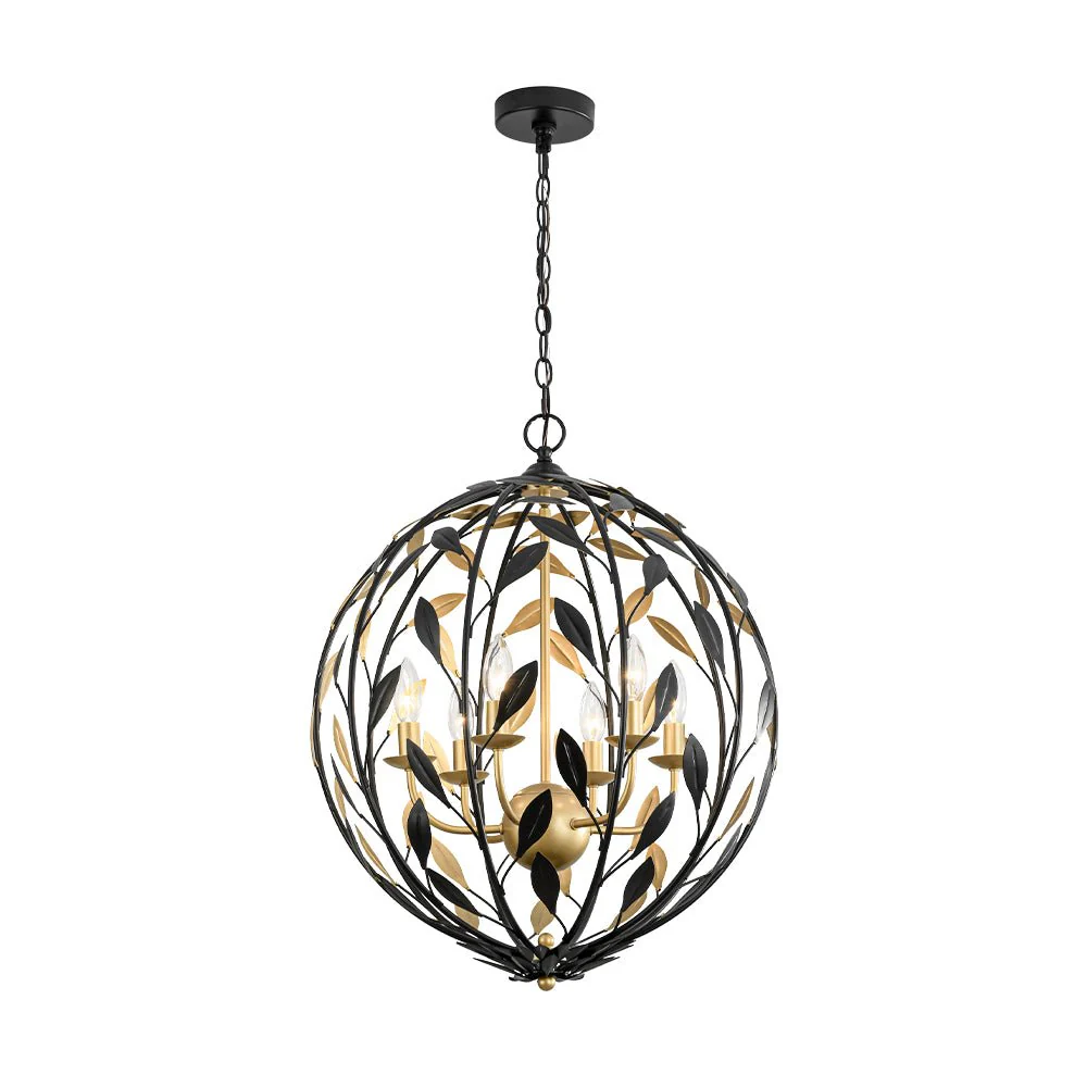 Black Gold Candle Style Leaf Vine Iron Orb Chandelier - Image 8