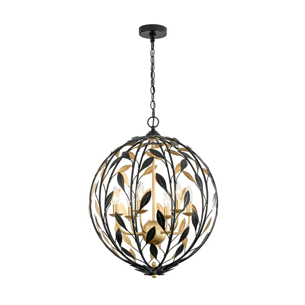 Black Gold Candle Style Leaf Vine Iron Orb Chandelier - Image 9