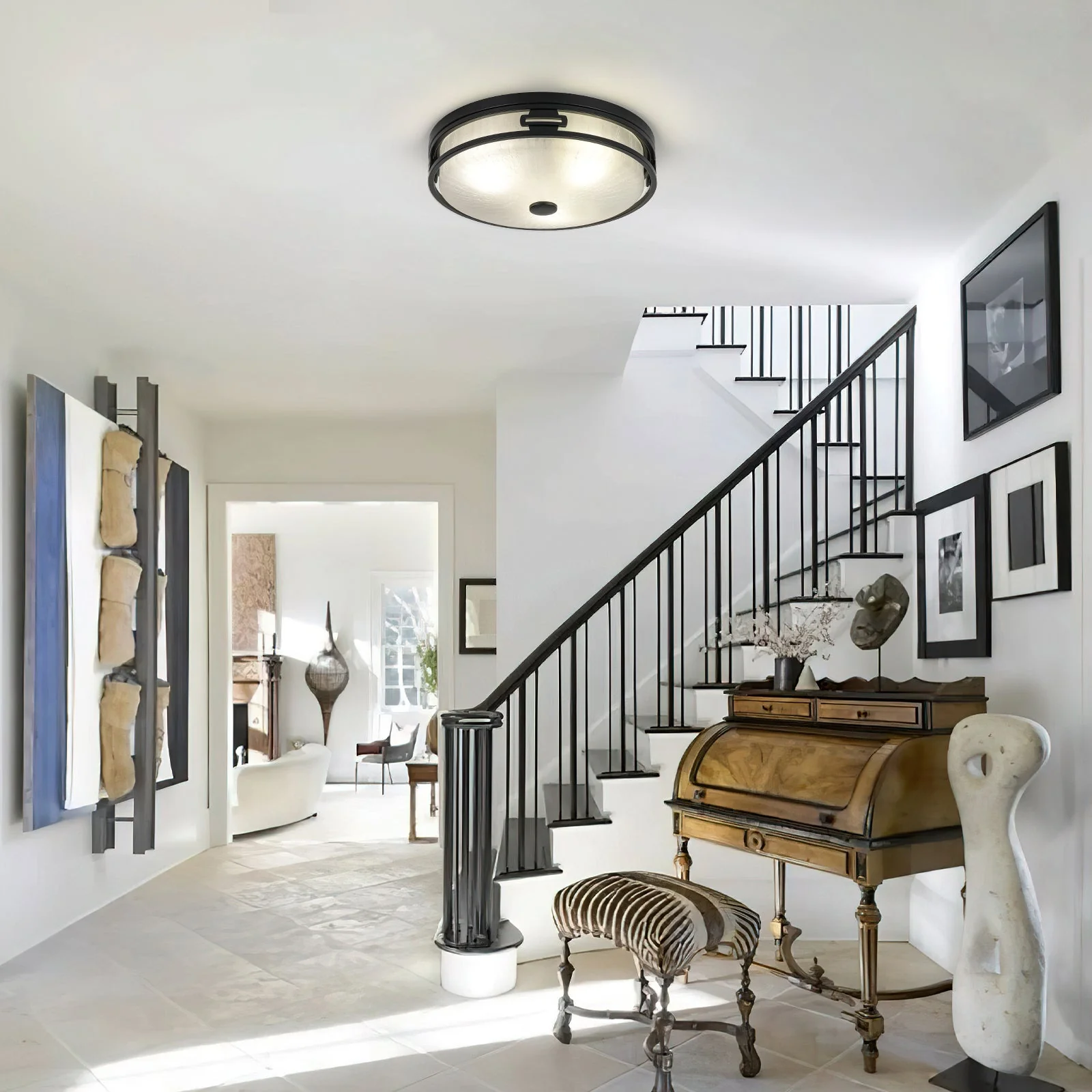 Black Round Frosted Crackled Glass Flush Mount Light - Image 2