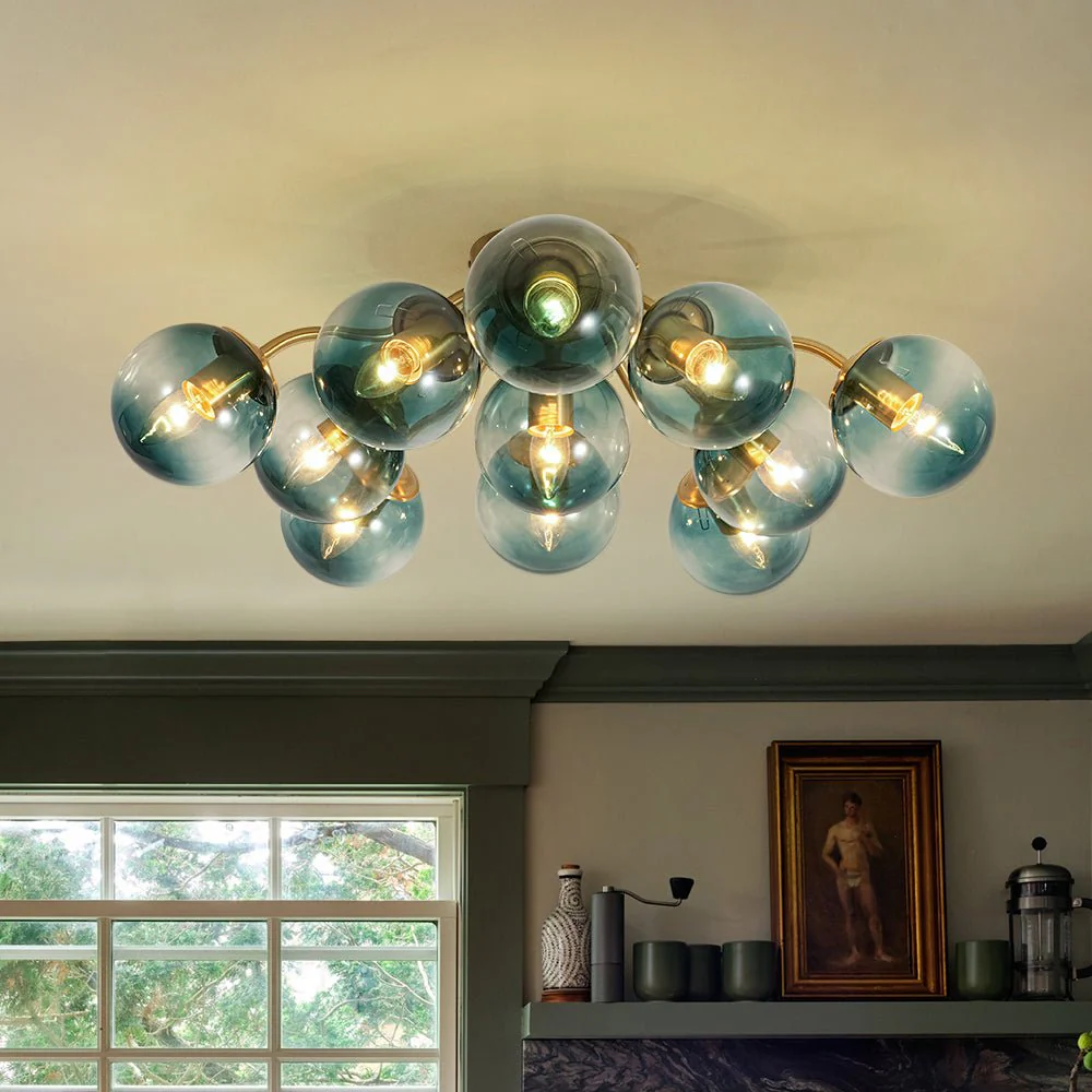 Bloom Brass Blue Glass Bubble Semi Flush Chandelier - Image 4