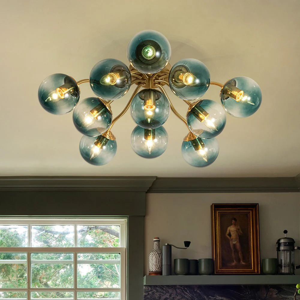 Bloom Brass Blue Glass Bubble Semi Flush Chandelier - Image 5