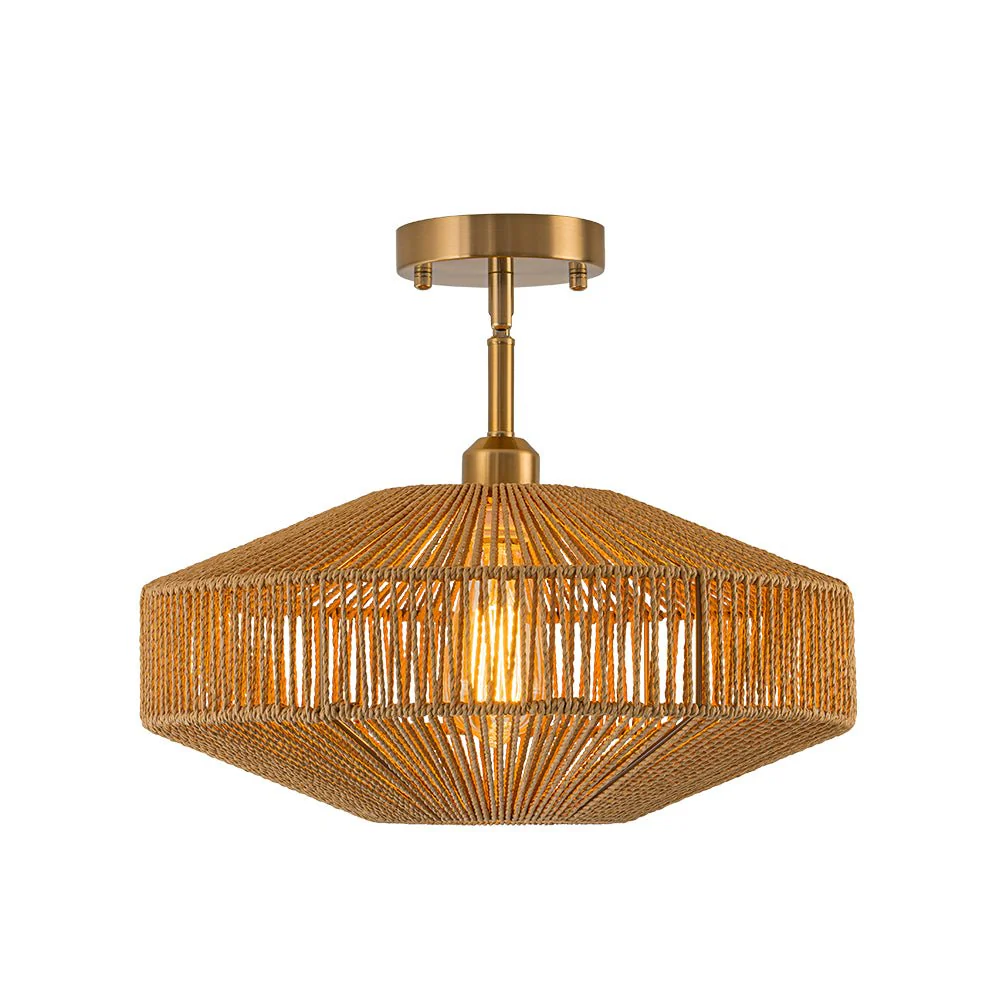 Bohemian Brown Woven Hemp Rope Cage Ceiling Light - Image 3