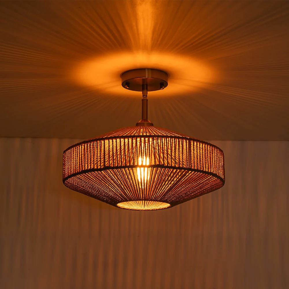 Bohemian Brown Woven Hemp Rope Cage Ceiling Light - Image 9