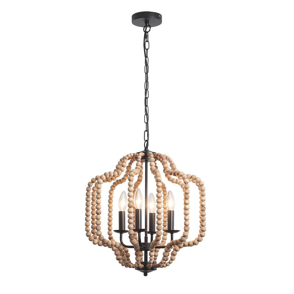 Boho 4-Light Wood Beaded Lantern Pendant - Image 12