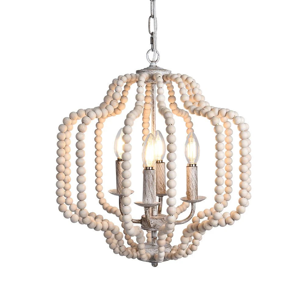 Boho 4-Light Wood Beaded Lantern Pendant - Image 4