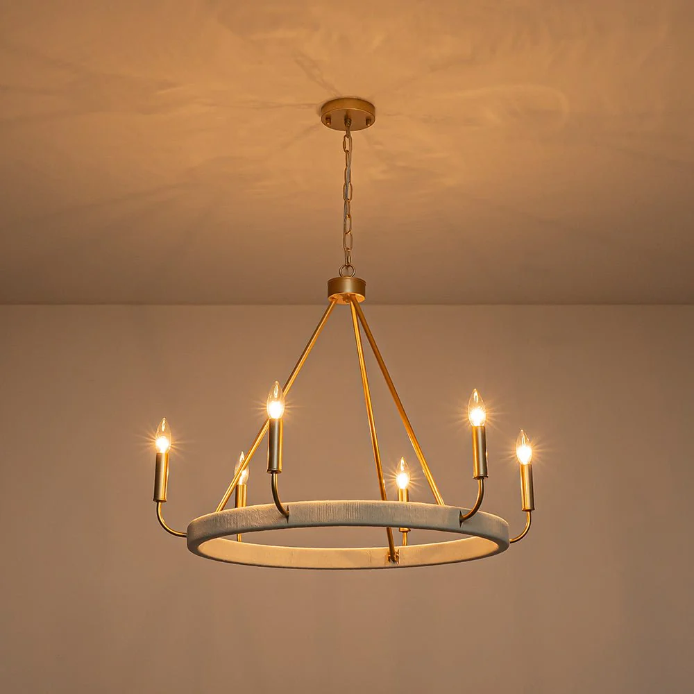 Boho 6-Light Woven String Candle Wagon Wheel Chandelier - Image 11