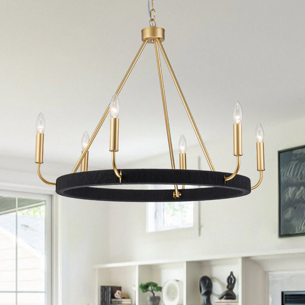Boho 6-Light Woven String Candle Wagon Wheel Chandelier - Image 3