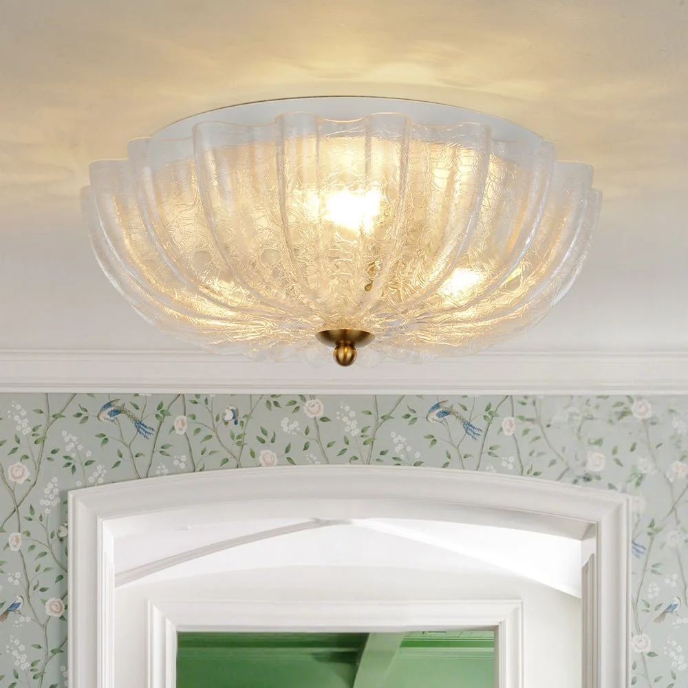 Boho Pleated Flower White Crackled Glass Semi Flush - Image 3