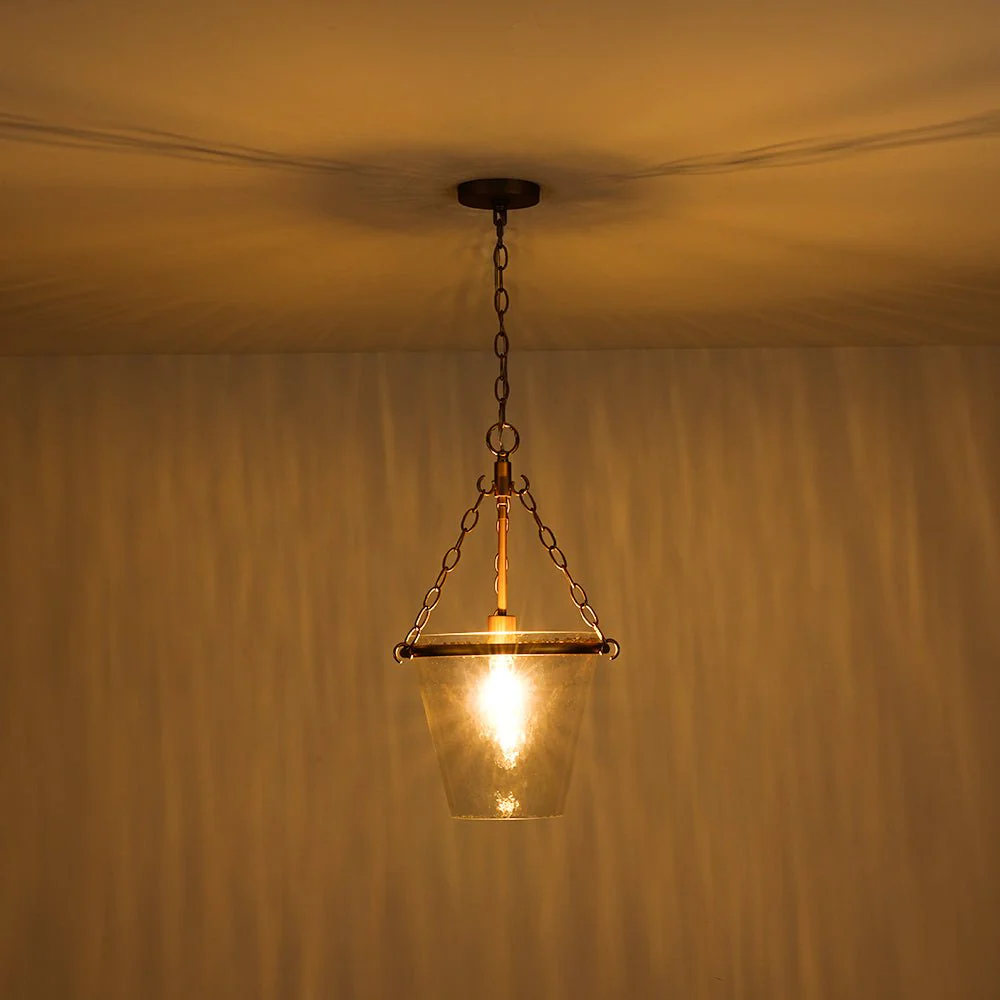 Brass 1-Light Clear Textured Glass Conical Cage Pendant - Image 4