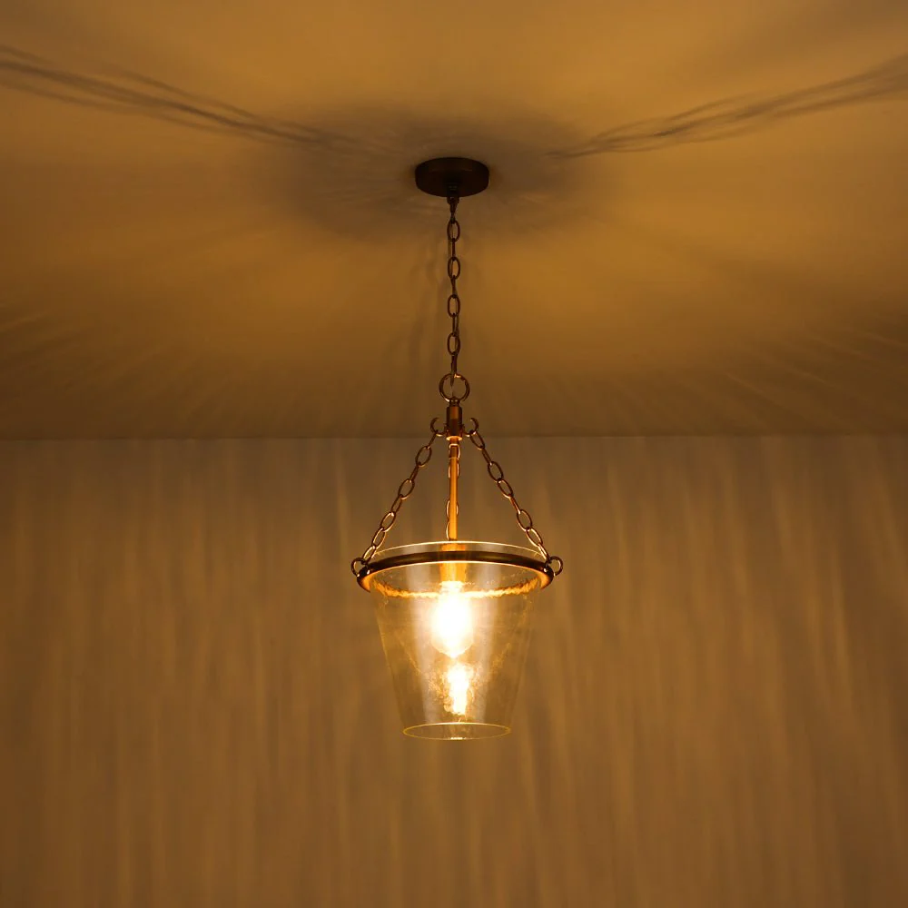 Brass 1-Light Clear Textured Glass Conical Cage Pendant - Image 5
