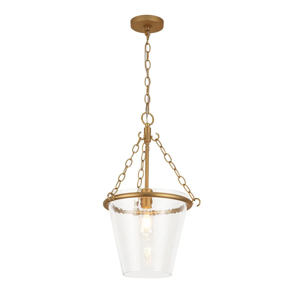 Brass 1-Light Clear Textured Glass Conical Cage Pendant - Image 6