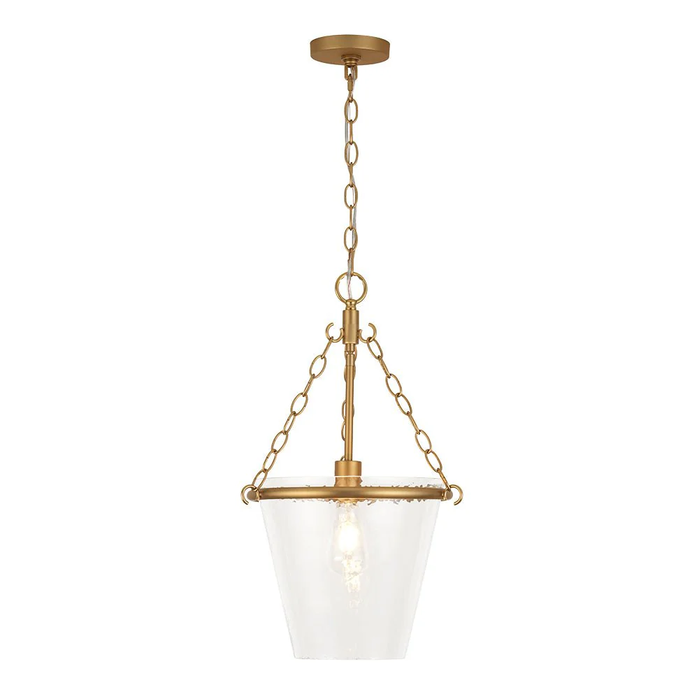 Brass 1-Light Clear Textured Glass Conical Cage Pendant - Image 9