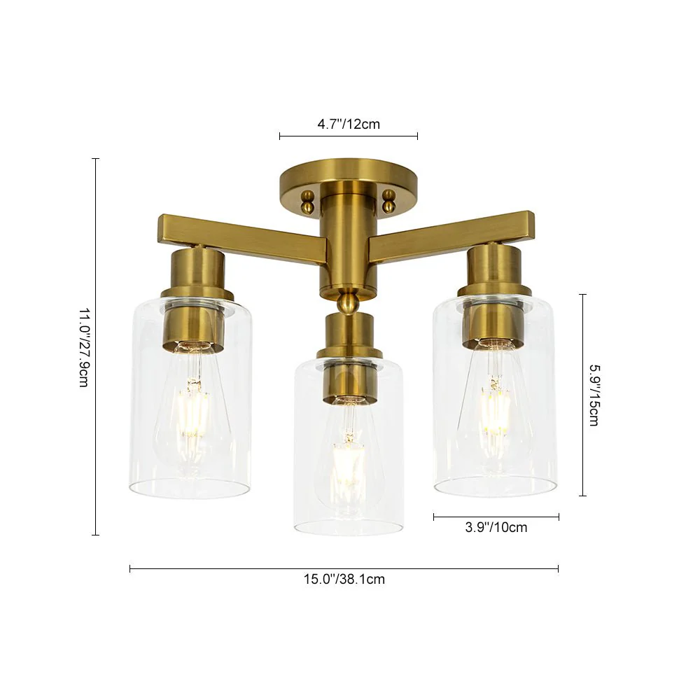 Brass 3-Light Clear Glass Cylinder Semi Flush Mount - Image 3