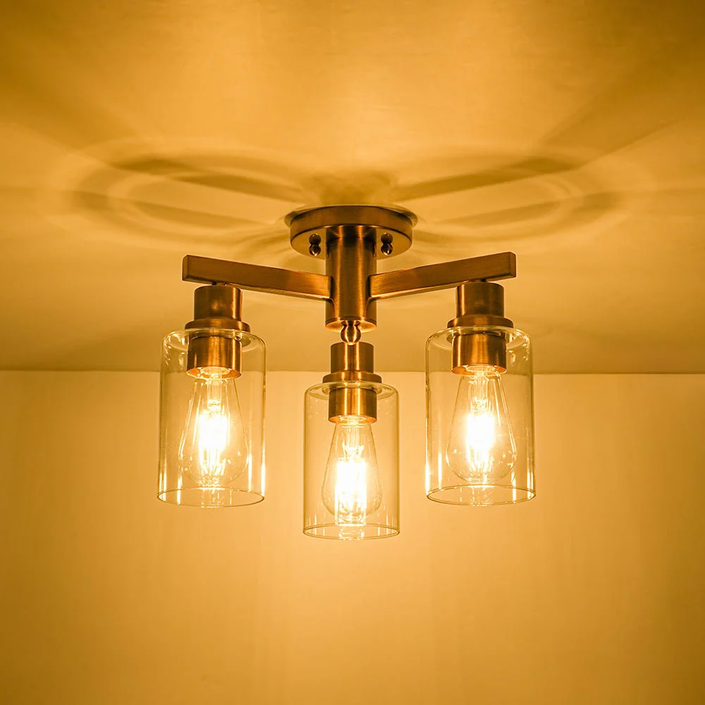 Brass 3-Light Clear Glass Cylinder Semi Flush Mount - Image 4