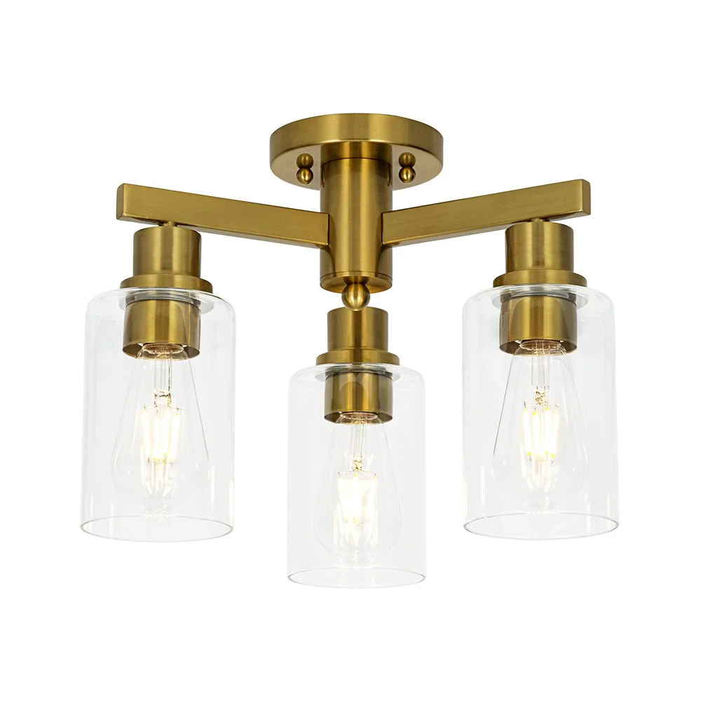 Brass 3-Light Clear Glass Cylinder Semi Flush Mount - Image 6
