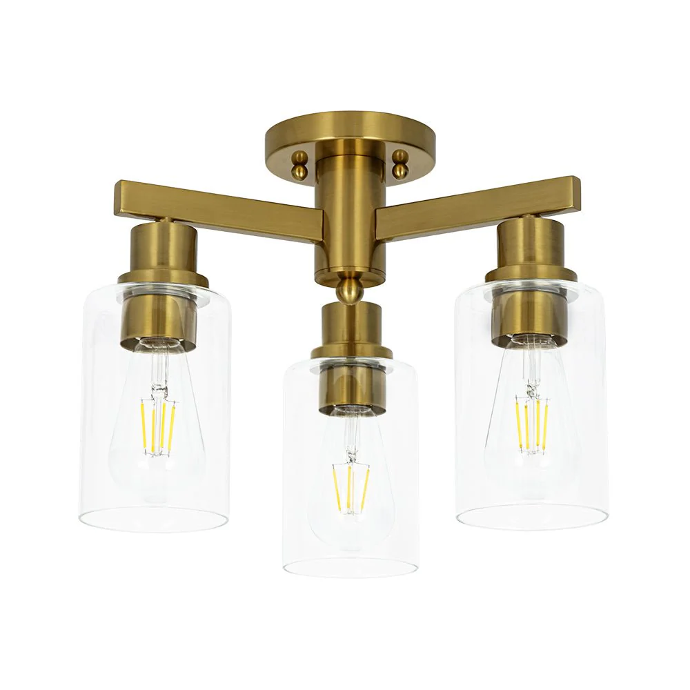 Brass 3-Light Clear Glass Cylinder Semi Flush Mount - Image 7