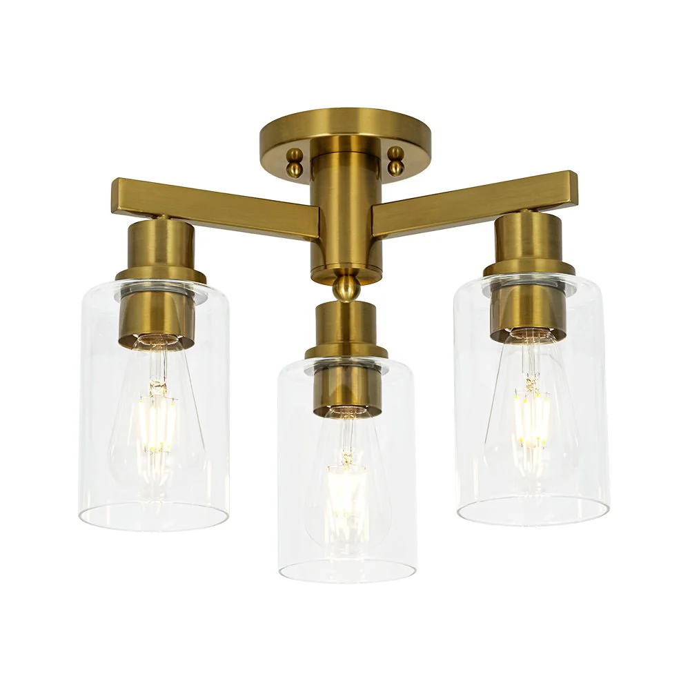 Brass 3-Light Clear Glass Cylinder Semi Flush Mount - Image 8