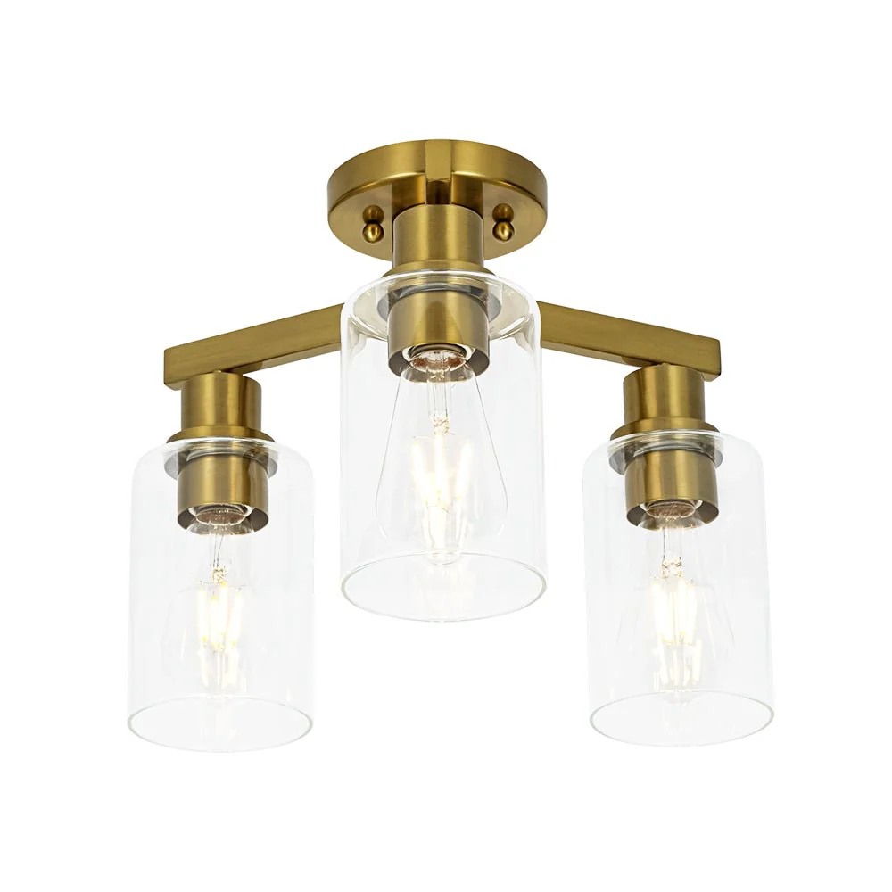 Brass 3-Light Clear Glass Cylinder Semi Flush Mount - Image 9