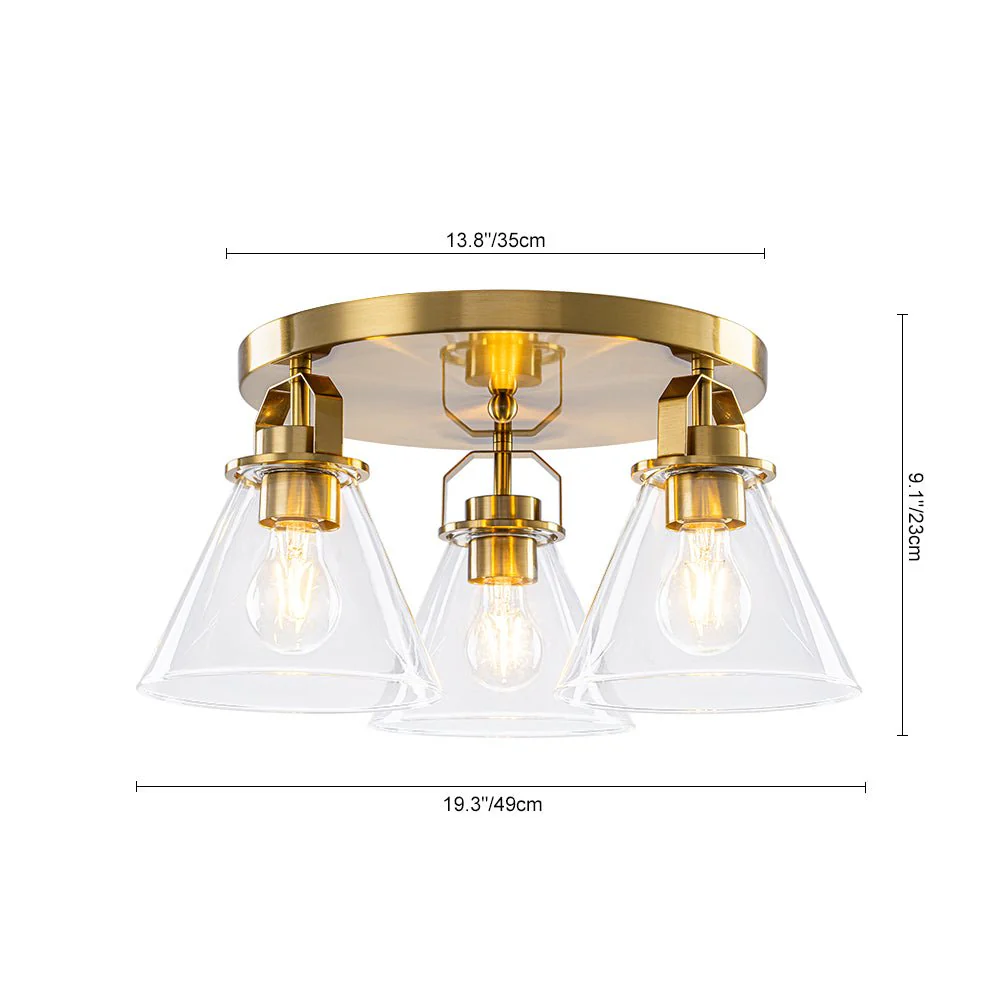 Brass 3-Light Glass Conical Shade Round Ceiling Light - Image 3