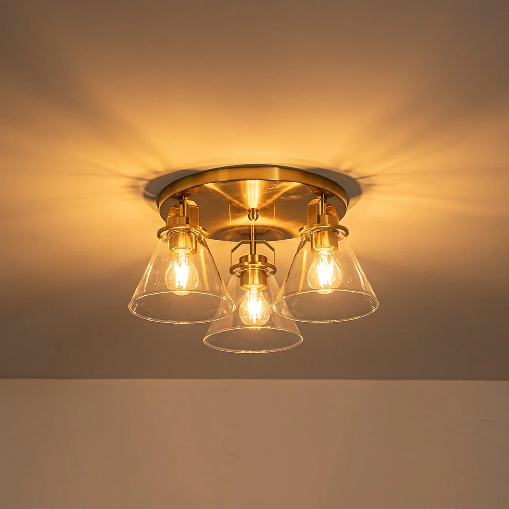 Brass 3-Light Glass Conical Shade Round Ceiling Light - Image 4
