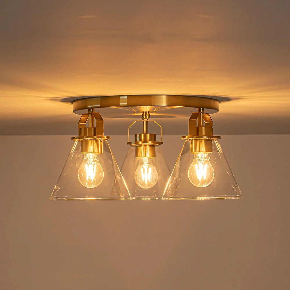 Brass 3-Light Glass Conical Shade Round Ceiling Light - Image 5