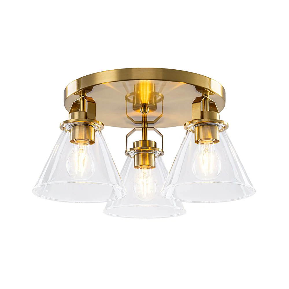 Brass 3-Light Glass Conical Shade Round Ceiling Light - Image 9