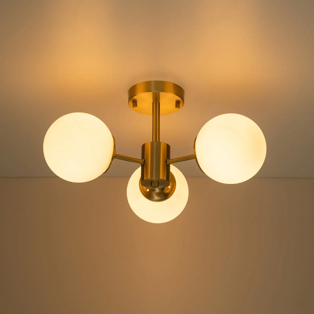 Brass 3-Light Opal Glass Globe Semi Flush Mount - Image 11