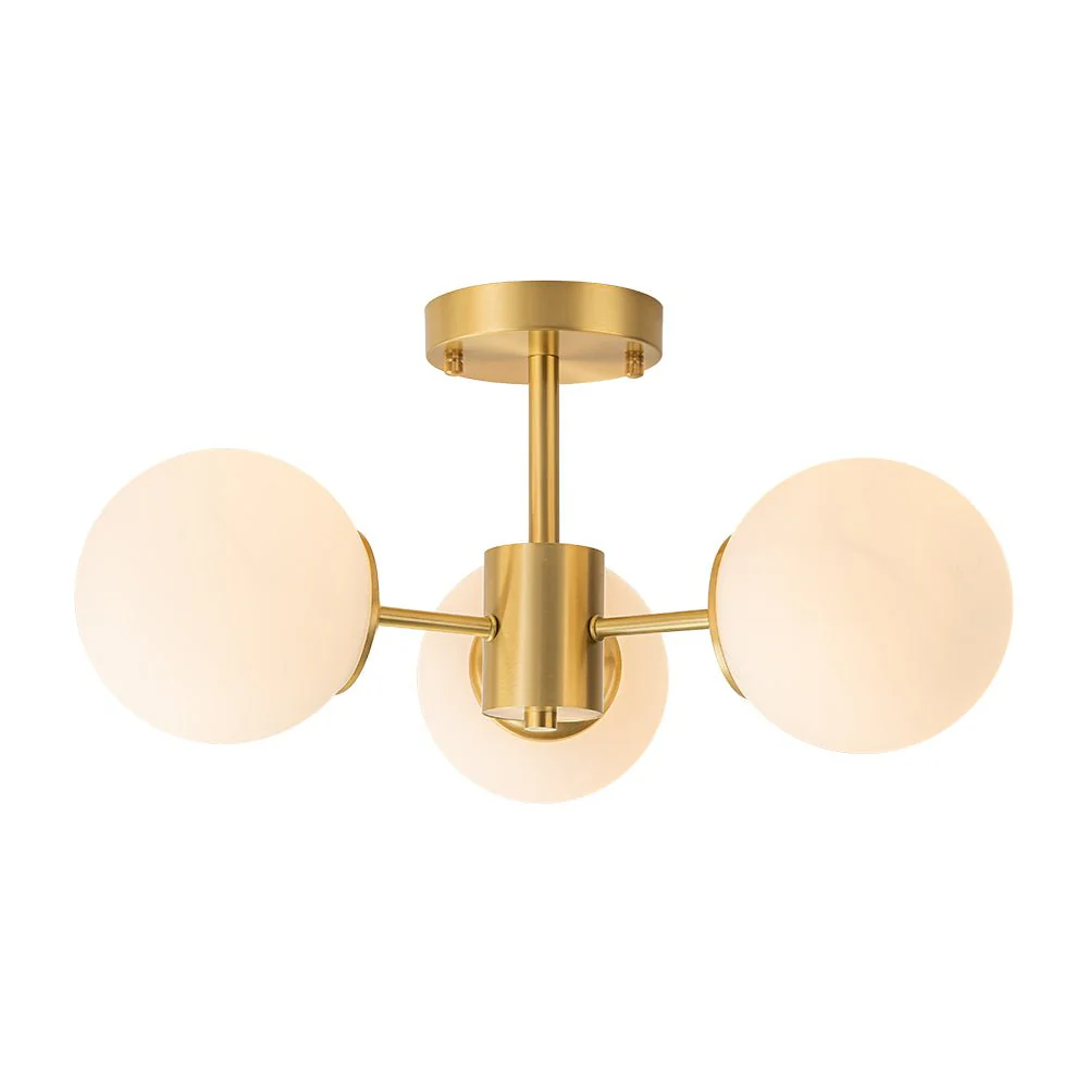 Brass 3-Light Opal Glass Globe Semi Flush Mount - Image 3