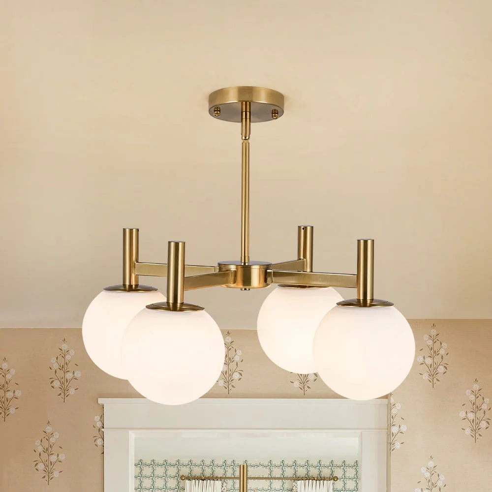 Brass 4-Light Opal Glass Globe Round Sputnik Chandelier - Image 2