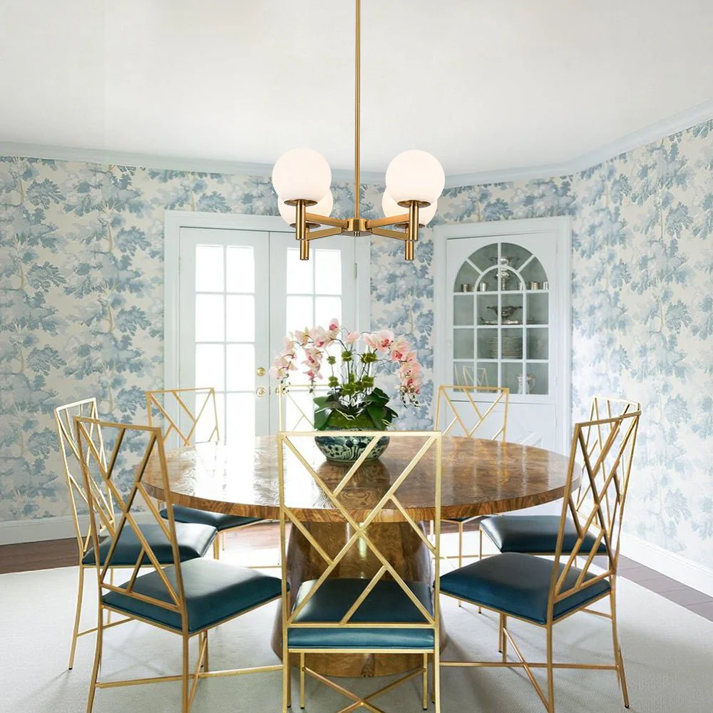 Brass 4-Light Opal Glass Globe Round Sputnik Chandelier - Image 3