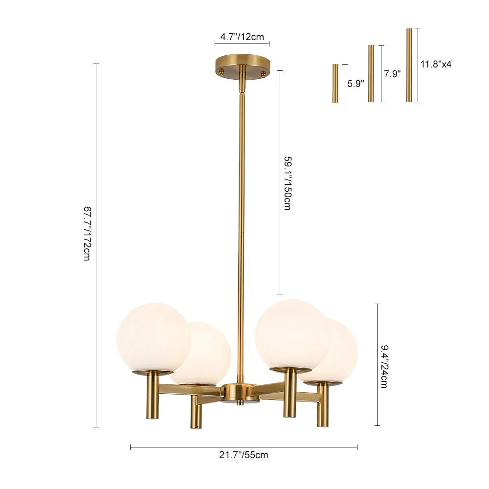 Brass 4-Light Opal Glass Globe Round Sputnik Chandelier - Image 4