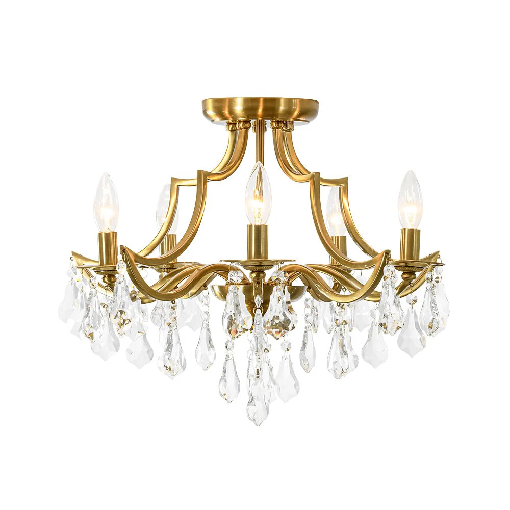 Brass 5-Light Candle Style Crystal Crown Semi Flush Mount - Image 3